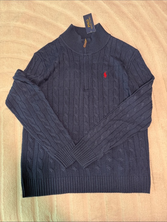 Polo Ralph Lauren Other - Polo by Ralph Lauren Navy Cable-Knit Quarter-Zip Sweater with Red Pony